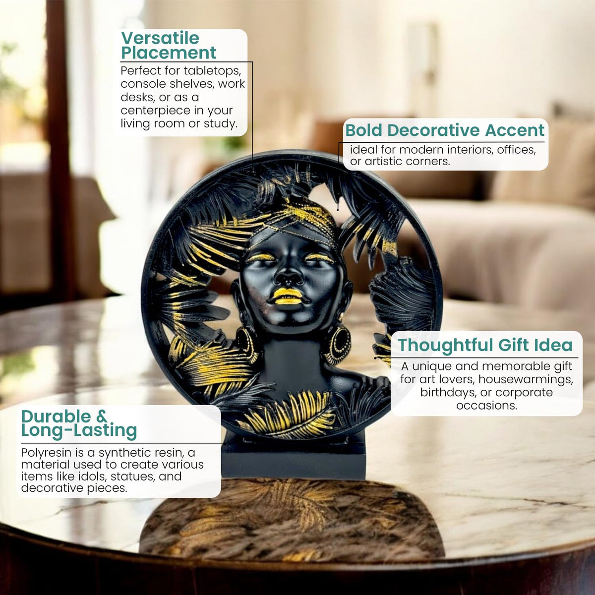 African Lady Round Halo Polyresin Showpiece 22 cm Black & Gold Palm-Leaf Circular Bust Statue Luxury Home Décor Figurine for Living Room Office Table Gift | Tabletop Decorative Showpiece