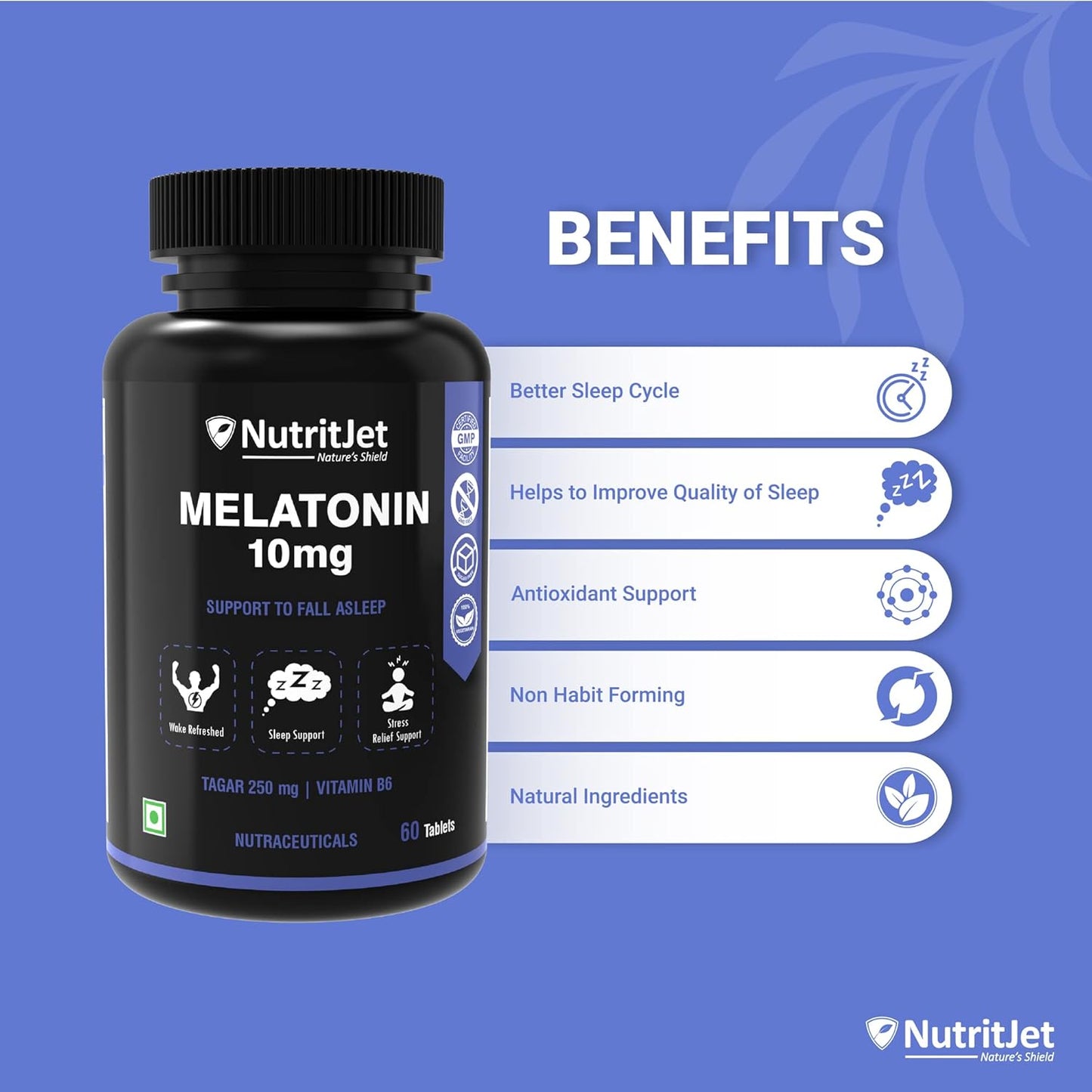 NutritJet Melatonin 10mg Sleeping Aid Pills, Sleep Supplement For Stress Free Sleep & Calm Relax - 60 Vegetarian Tablets