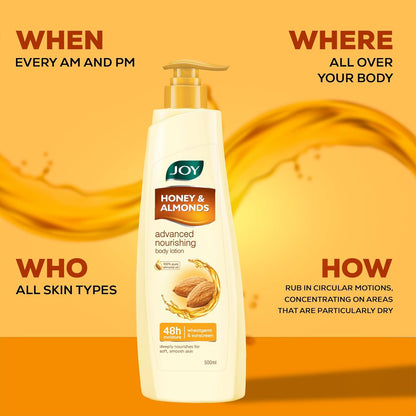 Joy Honey & Almonds Advanced Nourishing Lightweight Winter Body Lotion 500ml | Enriched With Shea Butter | Natural Sunscreen Filters | Suitable for Normal to Dry Skin