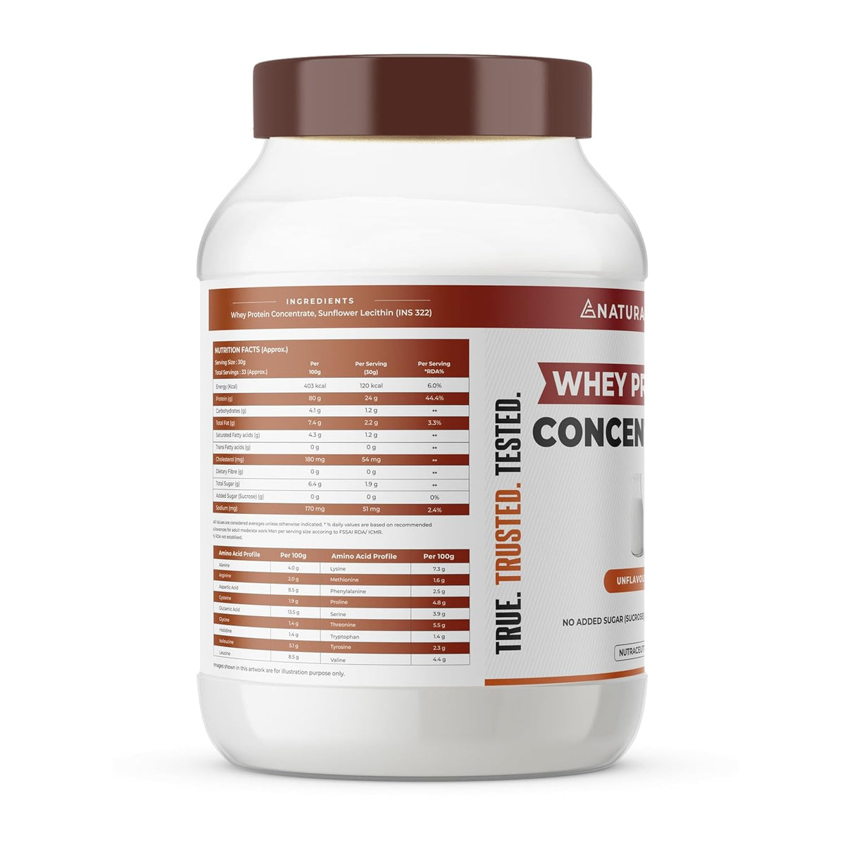Whey protein concentrate container with label on a white background