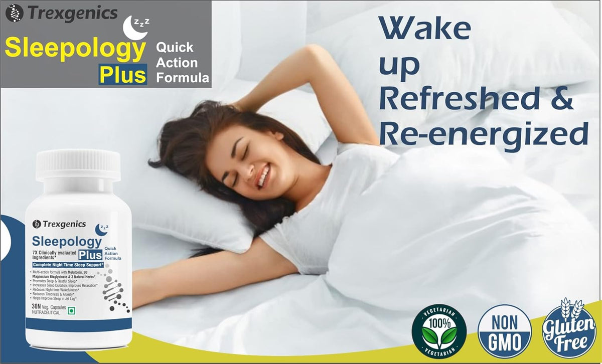 Advertisement for Trexigenics Sleepology Plus with a woman waking up refreshed, product packaging visible.