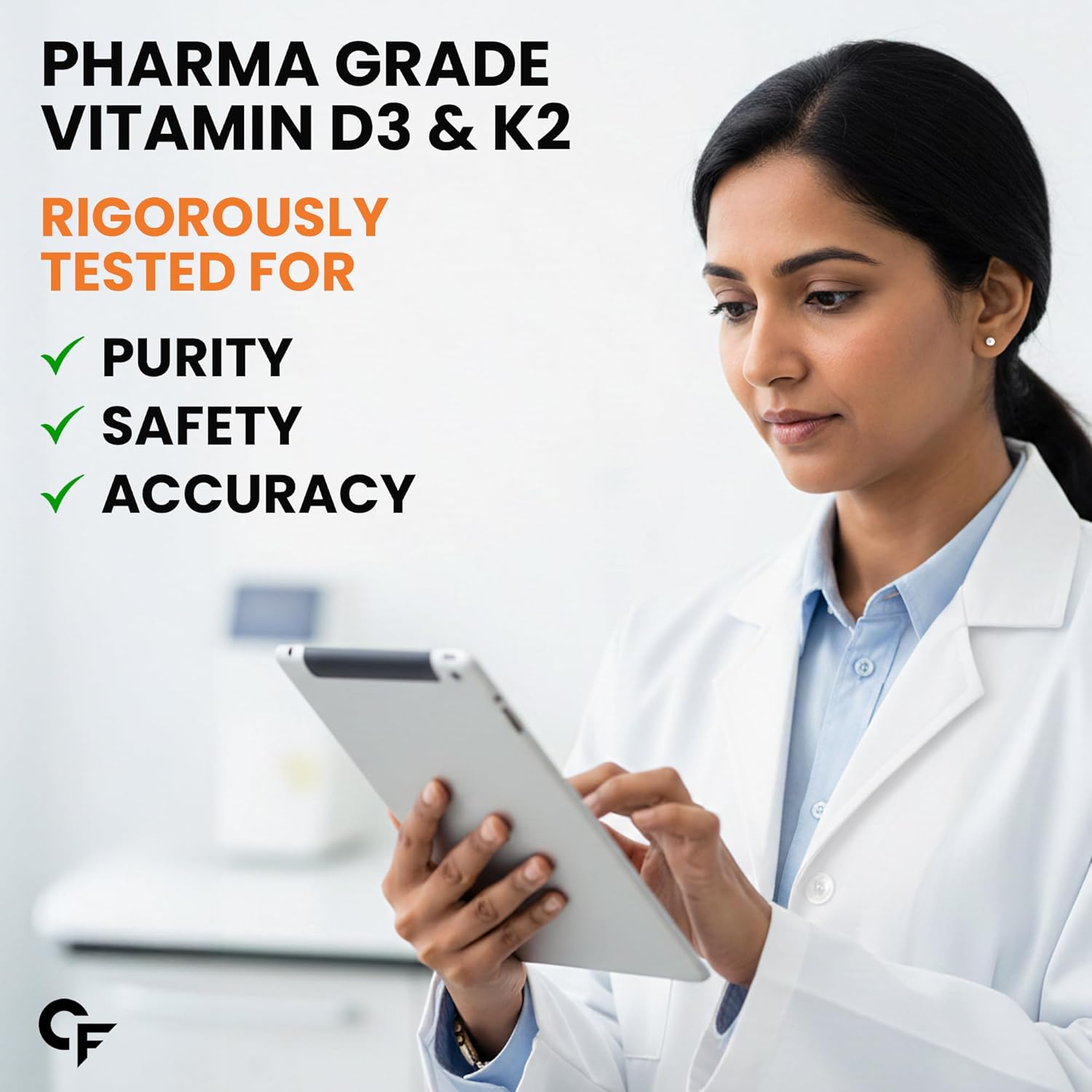 Woman in a lab coat holding a tablet with text about pharma-grade Vitamin D3 & K2 testing.