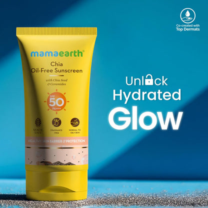 Mamaearth Chia Oil-Free Sunscreen with Chia Seed & Ceramides for Hydrated Glow & Sun Protection - 50g | SPF50 PA++++ | Oil-Free Formula for Normal to Oily Skin | UVA/B Protection | Tan Protection | No White Cast | InVivo Tested | Healthy Skin Barrier