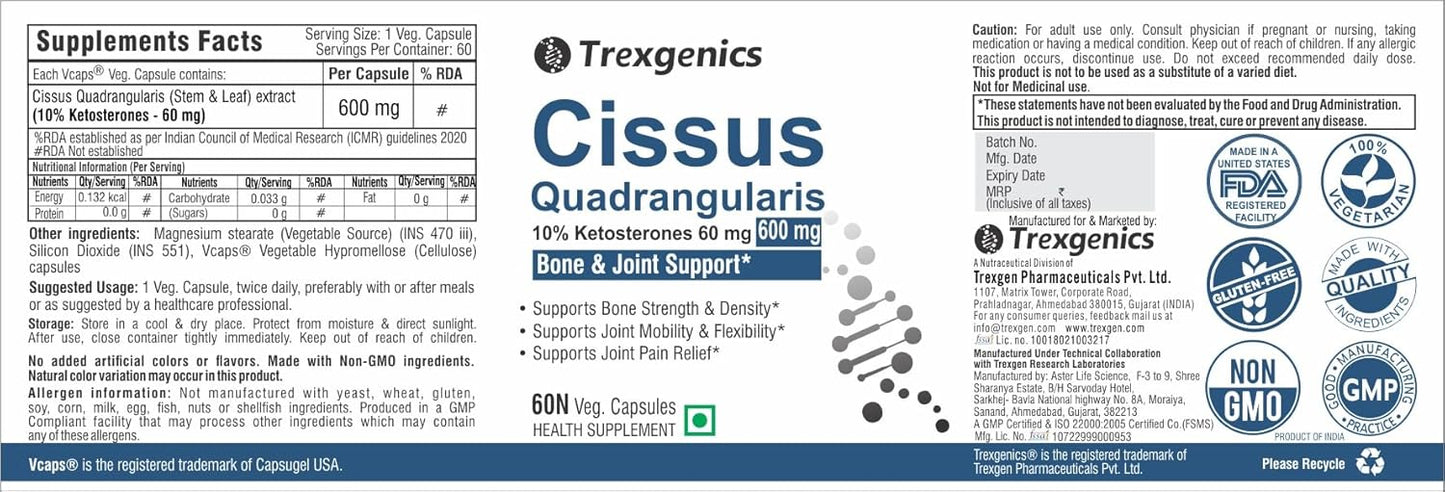 Trexgenics CISSUS QUADRANGULARIS Hadjod 10% Ketosterones 600 mg Joint Pain & Bone Density Support VEGAN & NON-GMO (60 Veg. Capsules) (Pack of 1)