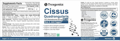 Trexgenics CISSUS QUADRANGULARIS Hadjod 10% Ketosterones 600 mg Joint Pain & Bone Density Support VEGAN & NON-GMO (60 Veg. Capsules) (Pack of 1)