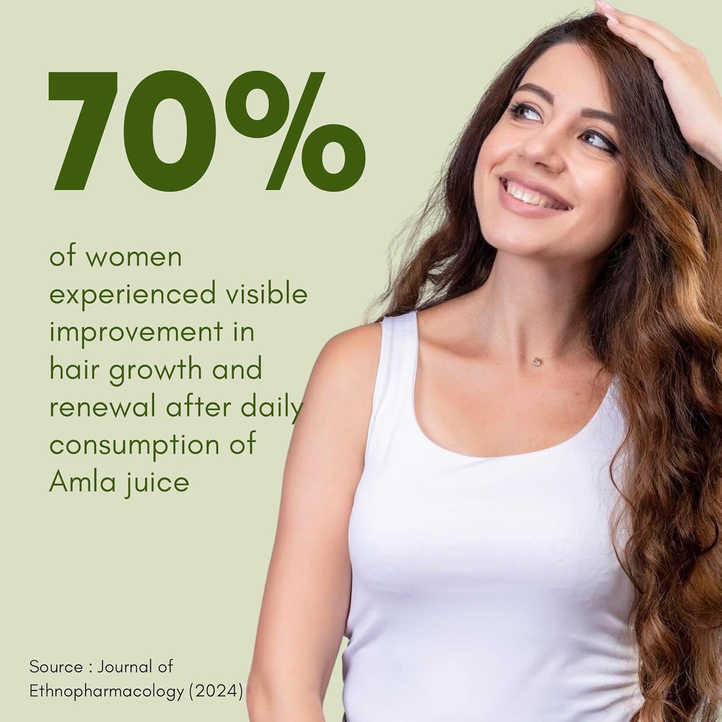 Woman with long hair on a light green background with text about Amla juice benefits.