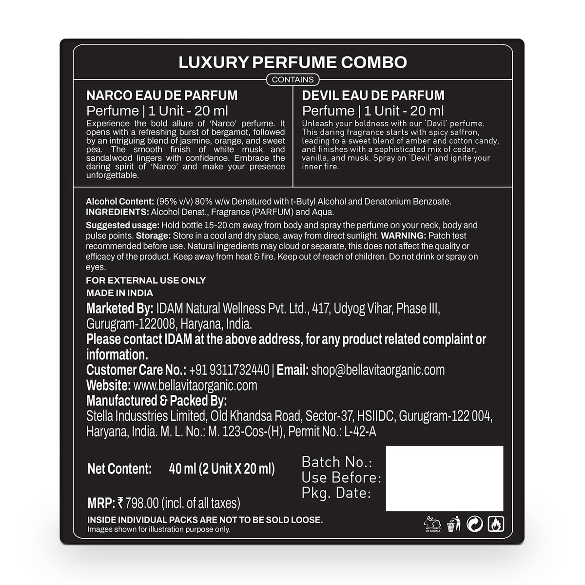 Back label of a luxury perfume combo packaging with product details and branding information.