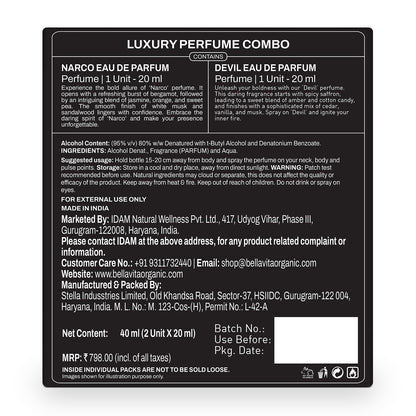 Back label of a luxury perfume combo packaging with product details and branding information.