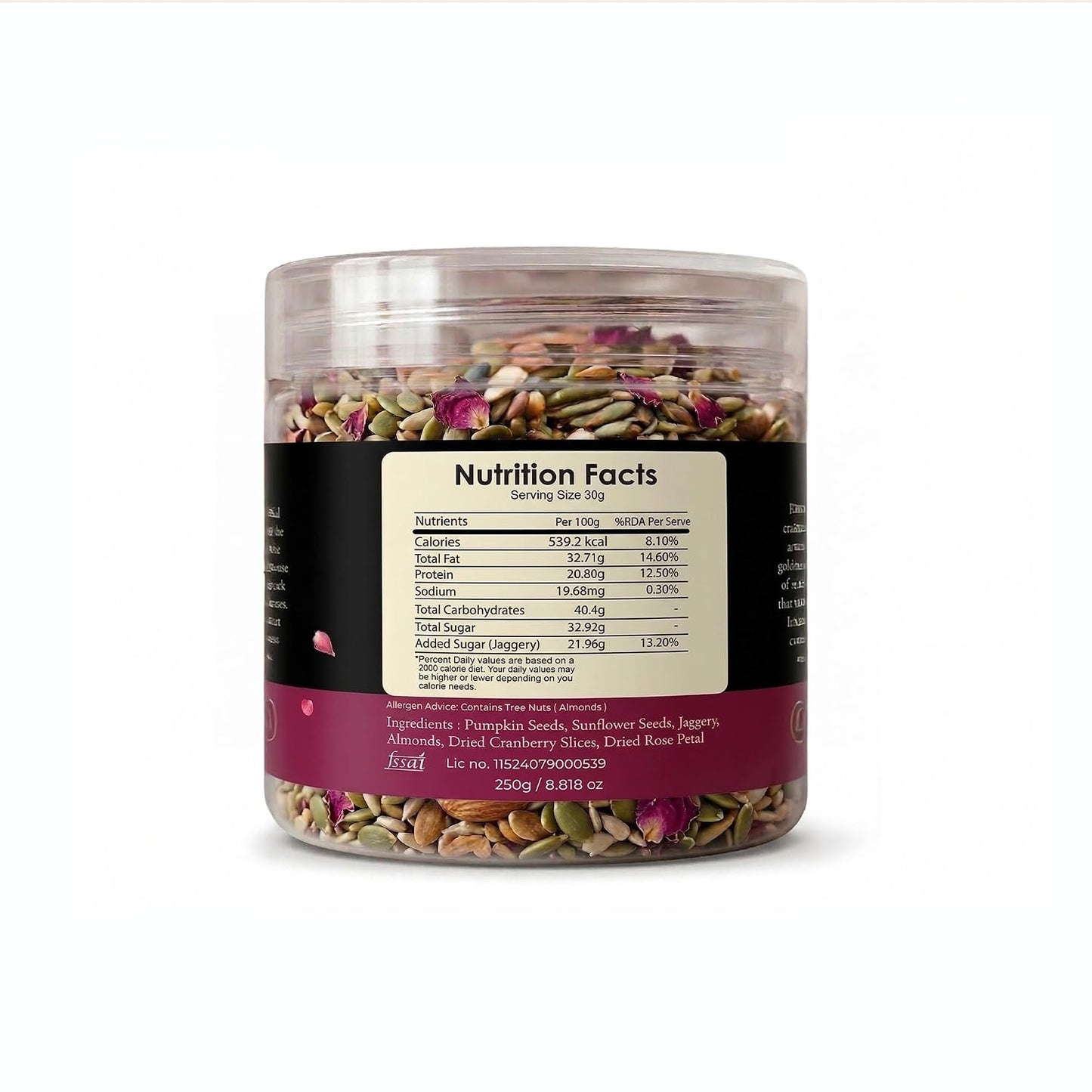 Sumewam Jaggery Roasted Seed/Trail Mix 250gm For Eating - Rose Berry Crunch, Roasted Pumpkin Seeds, Sunflower Seeds & Berries Mix with Jaggery, Almonds & Dried Rose Petals, High Plant Protein Healthy Snack