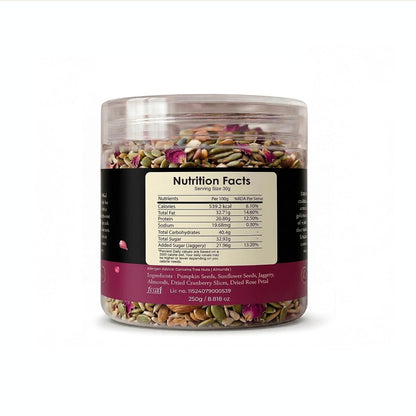 Sumewam Jaggery Roasted Seed/Trail Mix 250gm For Eating - Rose Berry Crunch, Roasted Pumpkin Seeds, Sunflower Seeds & Berries Mix with Jaggery, Almonds & Dried Rose Petals, High Plant Protein Healthy Snack