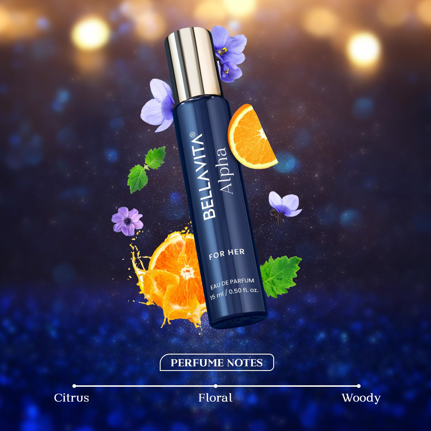 Perfume bottle with orange slices and flowers on a dark background