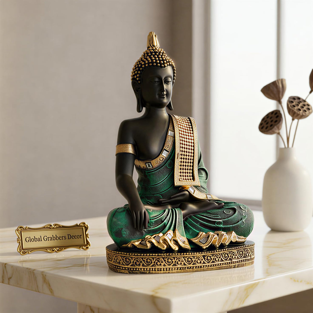 Buddha Idol Statue | Home Decoration Items for Living Room (Green Black)