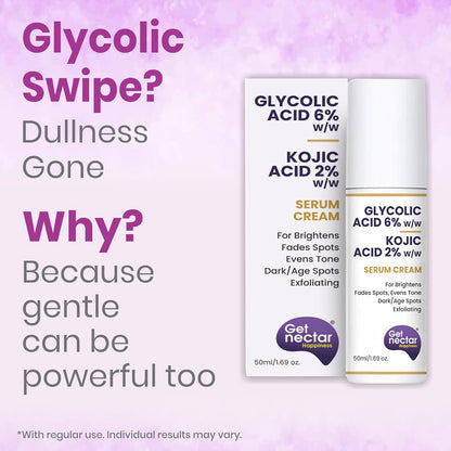 Get Nectar Happiness 6% Glycolic & 2% Kojic Acid Serum Cream Helps Reduce Pigmentation, Acne Scars, Dark, Age Spots, Blemishes & Uneven Skin Tone. Promotes a Brighter, Smoother-Looking Complexion 50ml