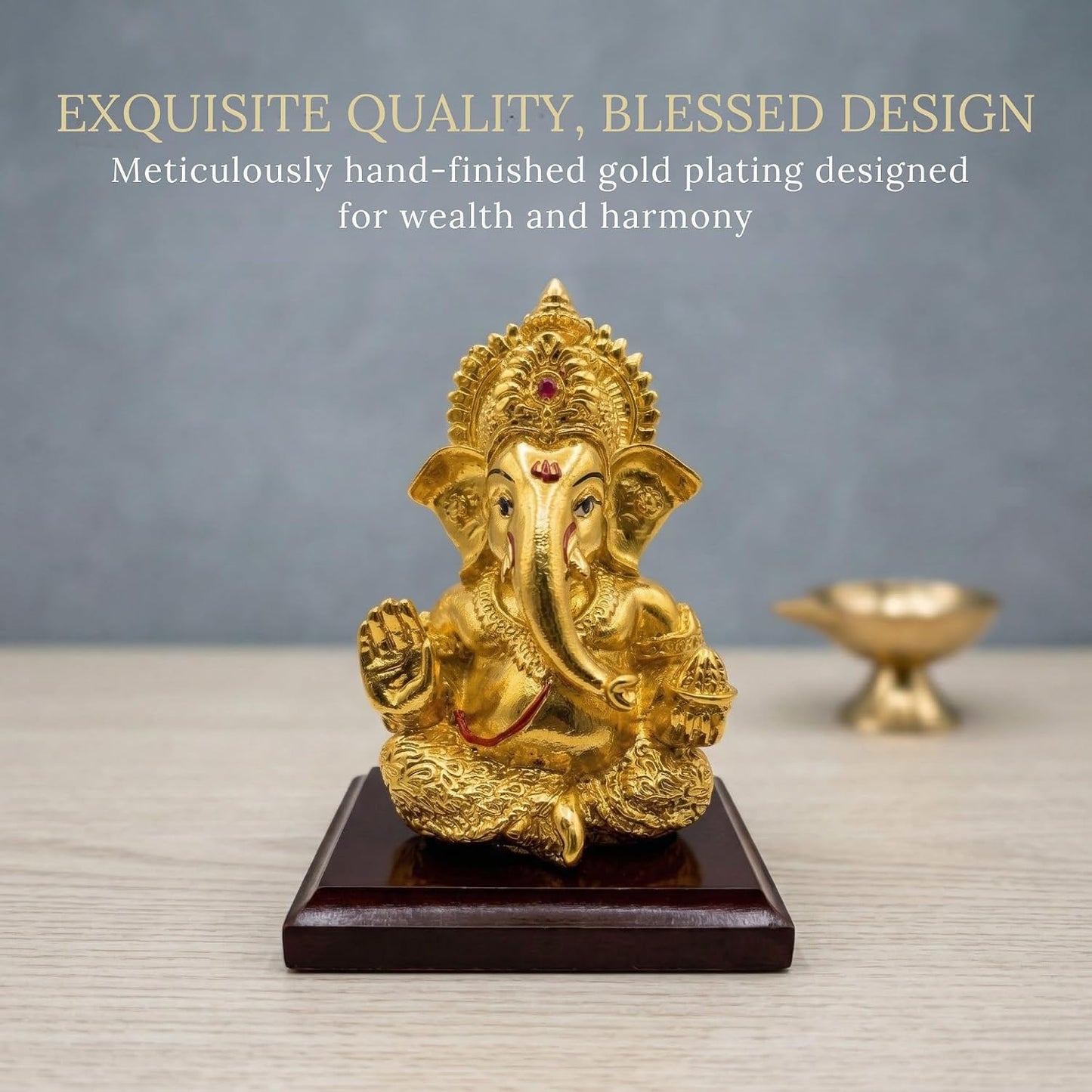 Dev Aastha 24K Gold Plated Ganesha Idol - 4 Inch Divine Seated Ganpati Statue on Premium Wooden Base - Auspicious Vastu Home Decor and Spiritual Gift with Anti-Tarnish Finish