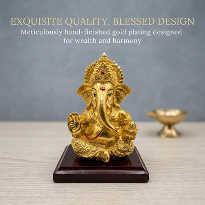 Dev Aastha 24K Gold Plated Ganesha Idol - 4 Inch Divine Seated Ganpati Statue on Premium Wooden Base - Auspicious Vastu Home Decor and Spiritual Gift with Anti-Tarnish Finish