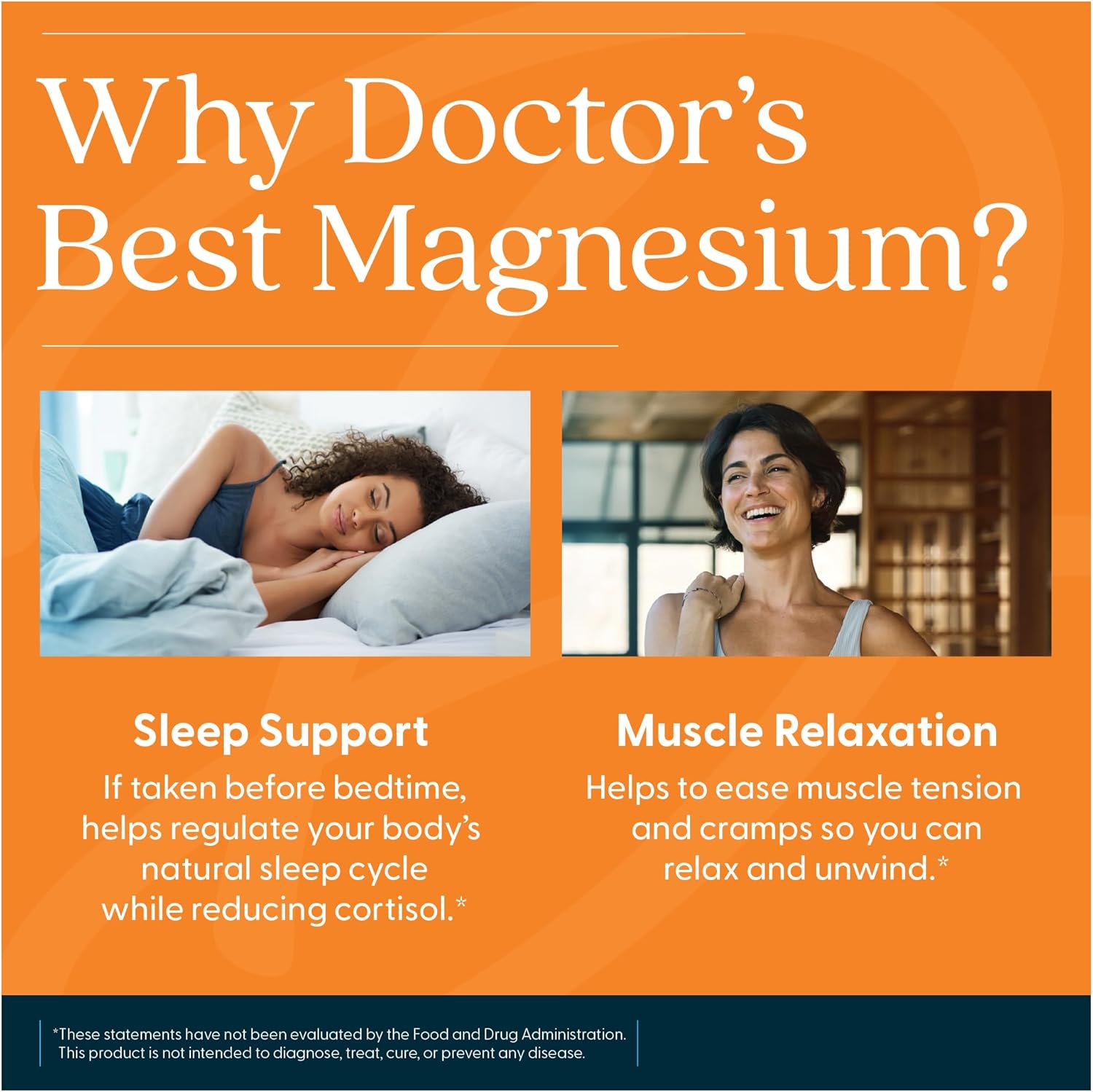 Advertisement for 'Doctor's Best Magnesium' with images of a woman sleeping and another woman smiling, highlighting sleep support and muscle relaxation benefits.