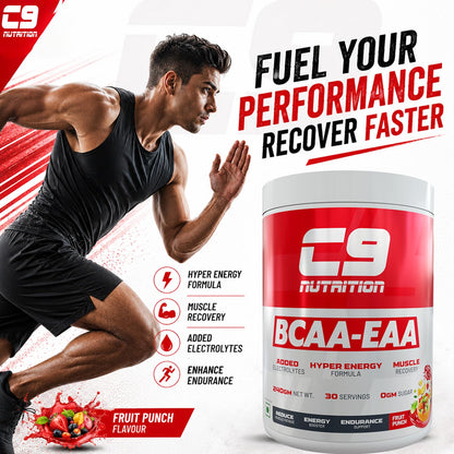 C9 NUTRITION BCAA EAA Powder with 5000mg BCAA, 9000mg EAA & 500mg L-Arginine | Sugar-Free Amino Acid Supplement with Electrolytes for Workout & Muscle Recovery | 30 Servings, Blueberry Flavour