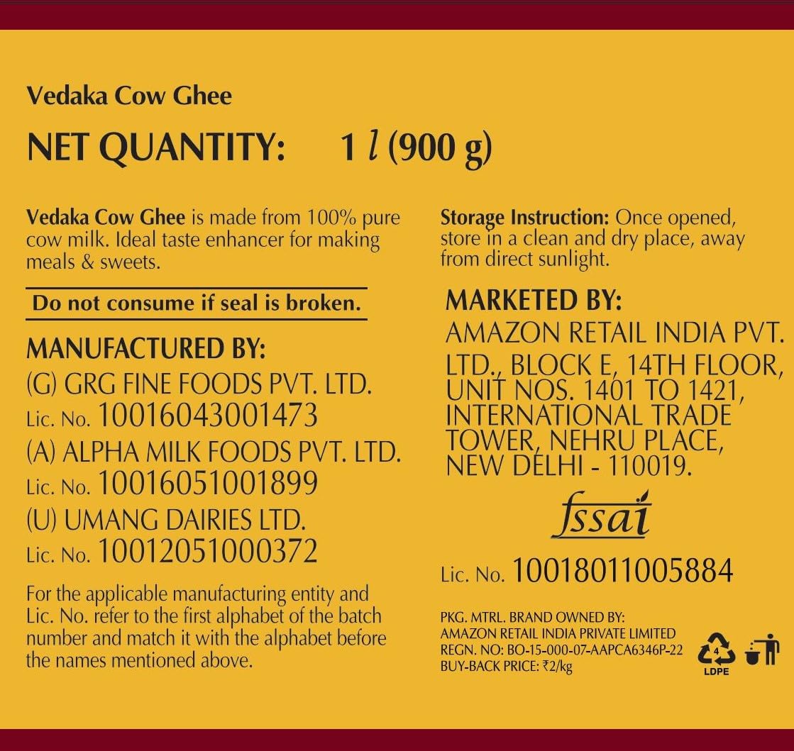 Vedaka Cow Ghee | 1 L Jar | Rich Aroma