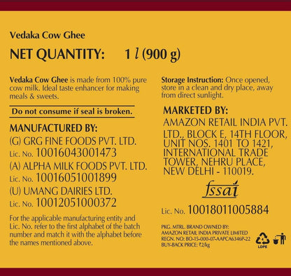 Vedaka Cow Ghee | 1 L Jar | Rich Aroma