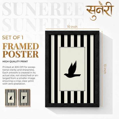 Flying Birds Wall Art Set of 2 Framed Paintings | Black White Striped Minimal Bird Silhouette Poster | Living Room Bedroom Home Décor (Art 13, 10x13 Inches, Black)