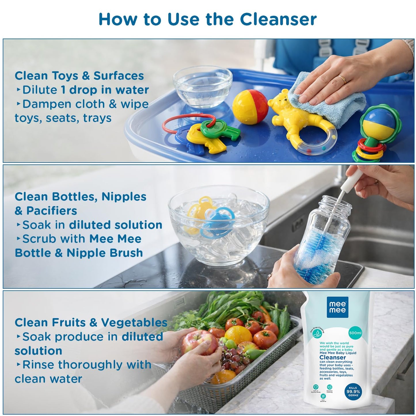 Mee Mee Liquid Cleanser 500 ml | Anti-Bacterial Formula Kills 99.9% Germs | For Bottles, Nipples, Accessories, Toys, Fruits & Vegetables | Alcohol-Free, One-Drop Cleaning, Dermatologically Tested