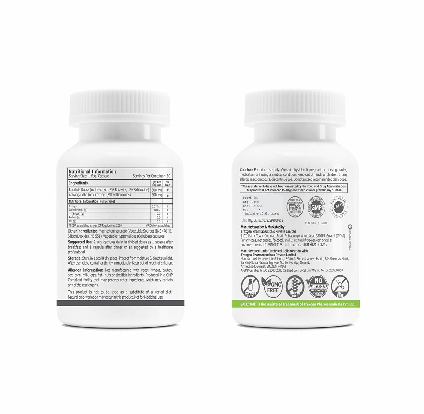 Two supplement bottles with labels on a white background