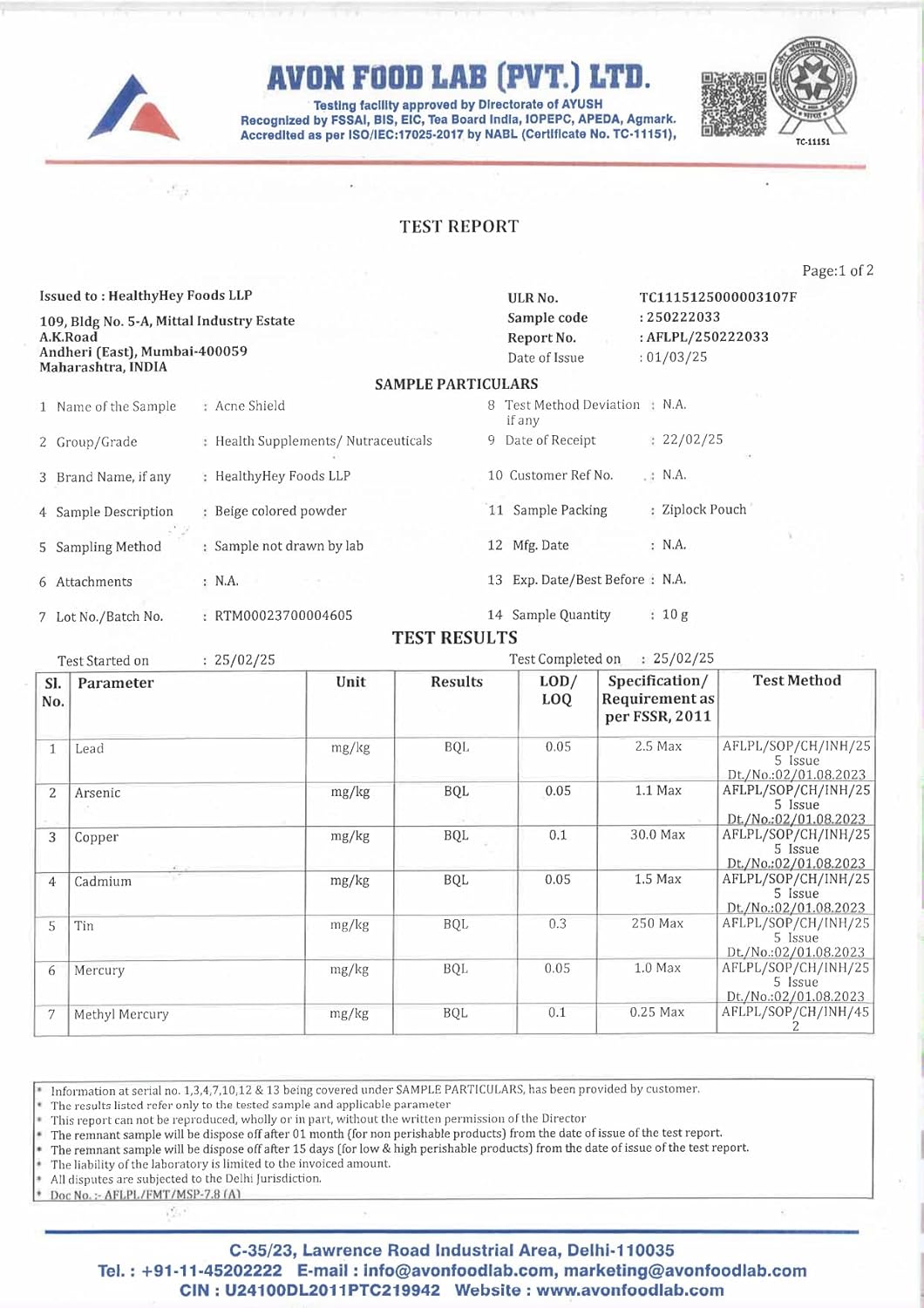 Avon Food Lab test report with various parameters and results.
