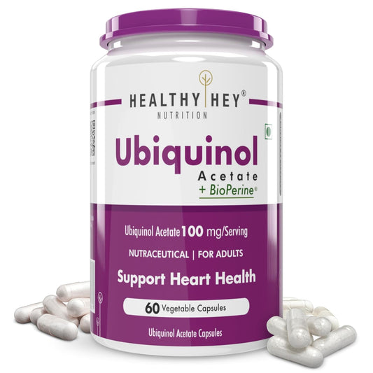 Healthy Hey Nutrition Ubiquinol Acetate supplement bottle with purple and white design.