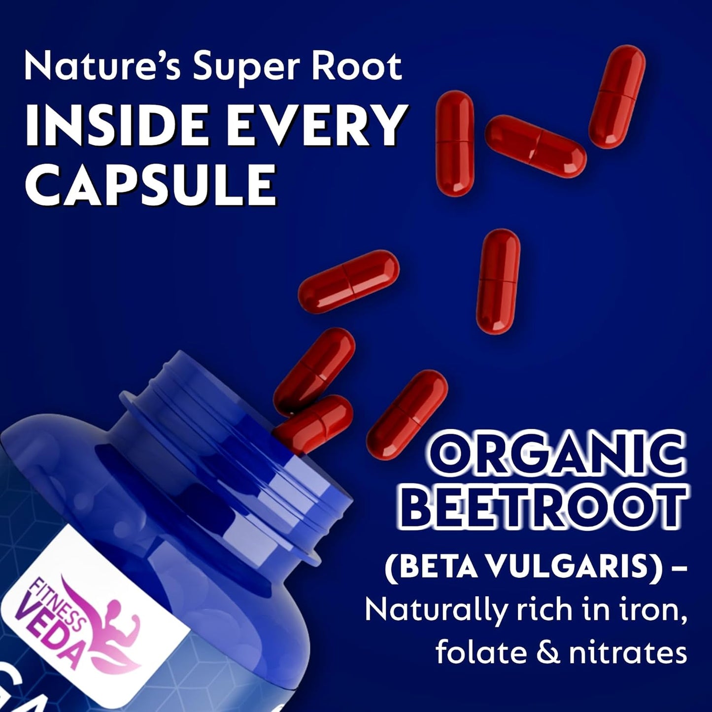 Blue supplement container with red capsules on a blue background, featuring text about organic beetroot and Fitness Veda brand.