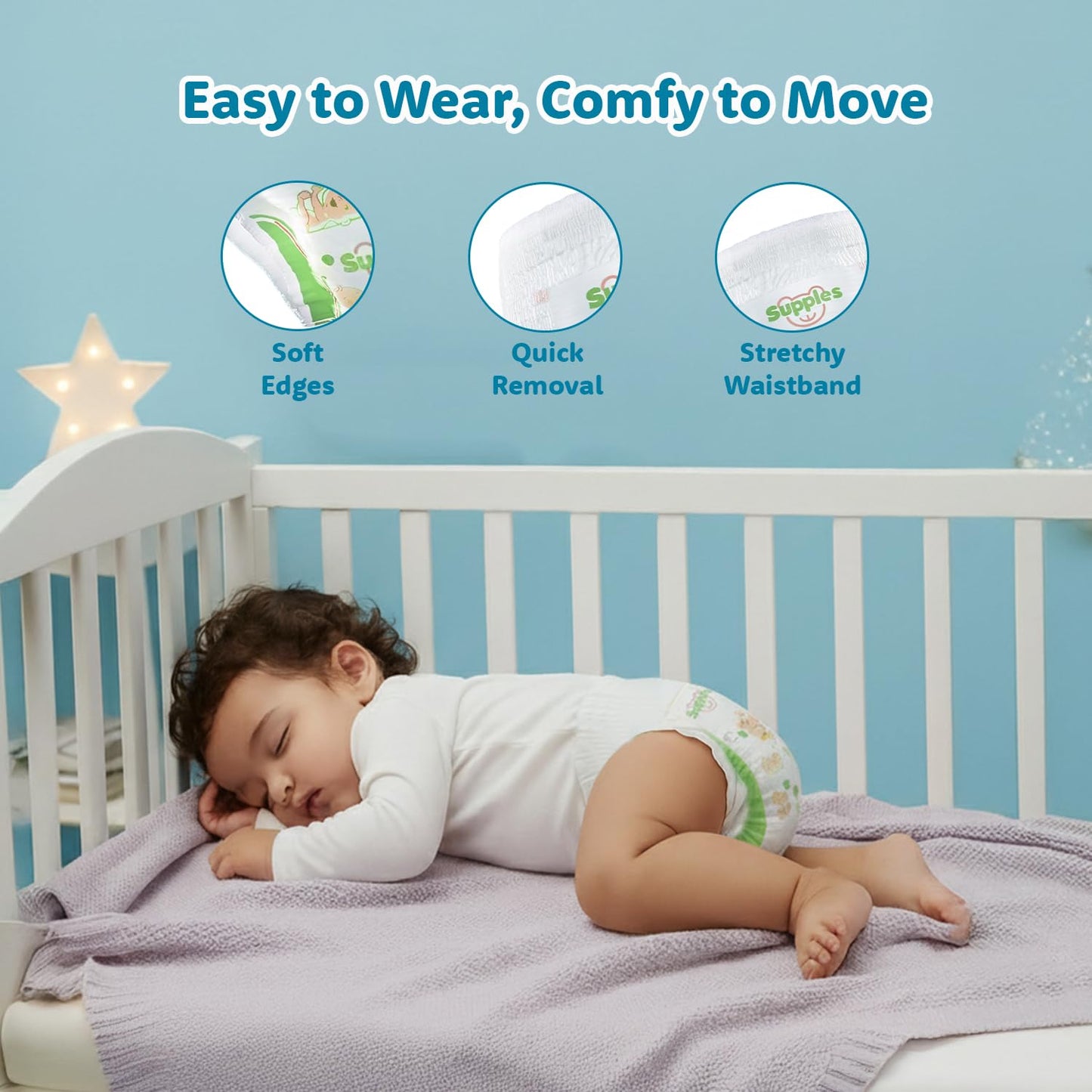 Supples Premium Baby Diaper Pants | 62 Baby Diapers | Large | 9-14 Kg | 12 Hrs Absorption | Cushiony Cotton Soft Fabric | Phthalates-Free | Triple Leak Guard