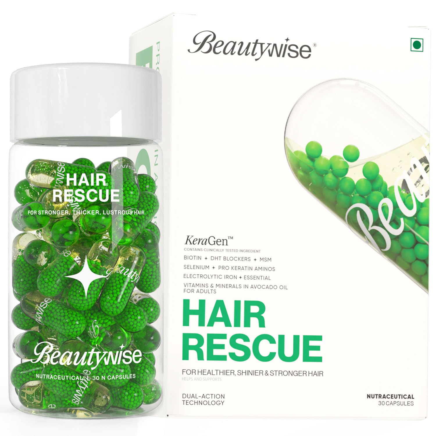 Beautywise Hair Rescue supplement packaging with green capsules and white container on a white background