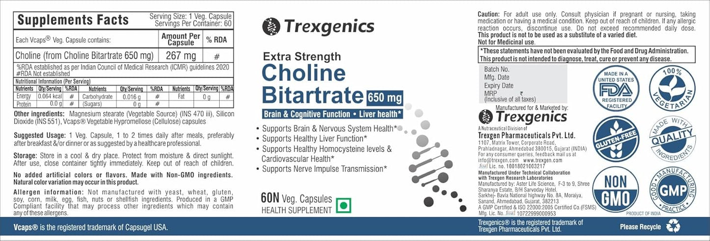 Trexgenics CHOLINE BITARTRATE 650 mg Cognitive Function, Fat Metabolism, Brain & Nervous System Health Support VEGAN & NON-GMO (60 Veg. Capsules) (Pack of 1)