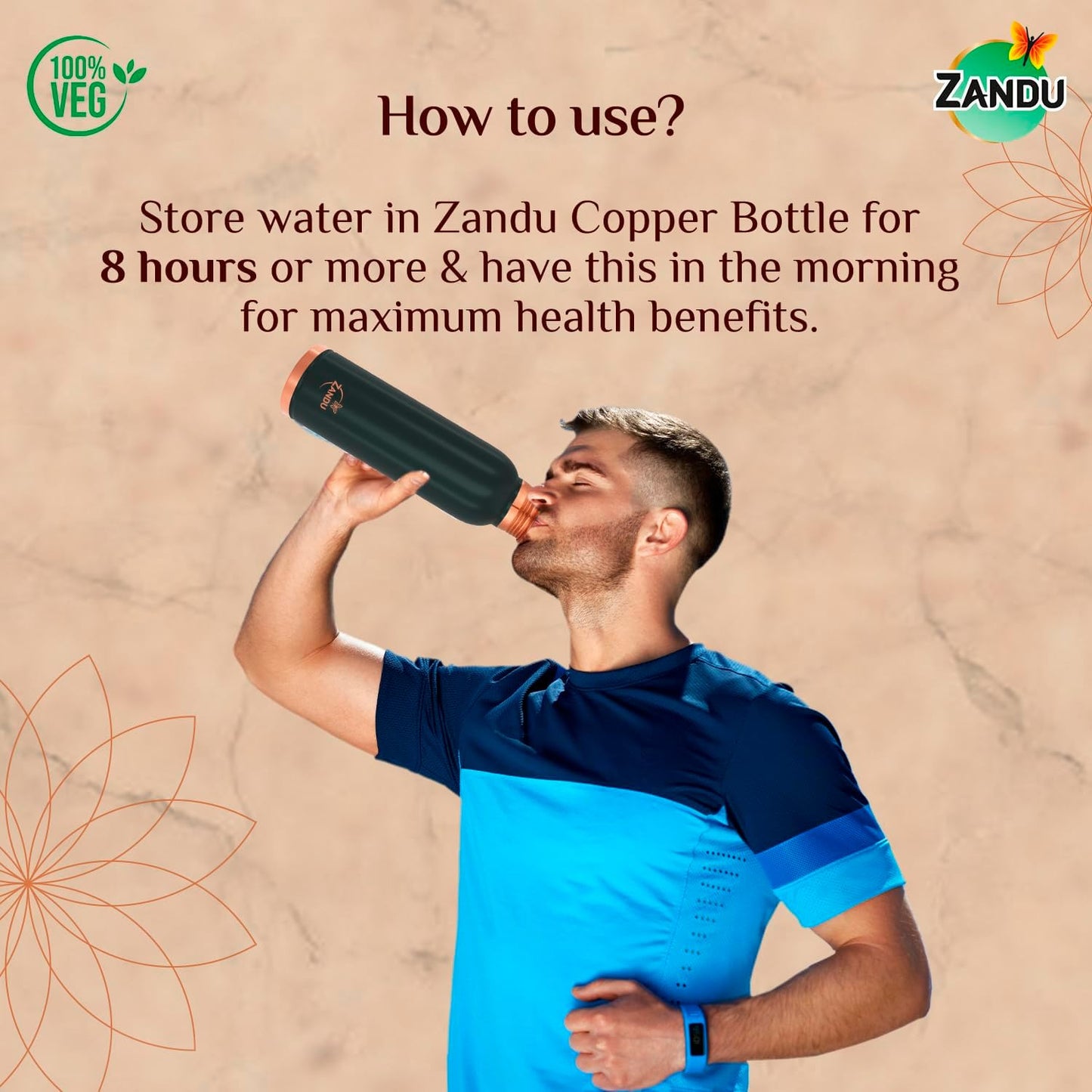 Person drinking from a Zandu copper bottle with text on how to use it.