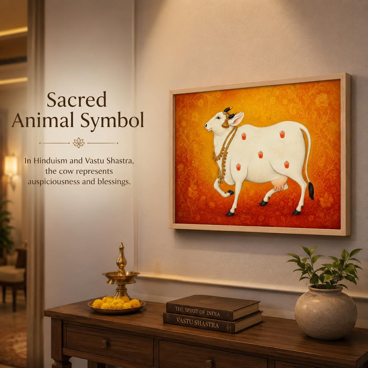 Kamdhenu Cow Vastu Wall Painting for Living Room Bedroom Hall Office Decor, Hindu Spiritual Religious Artwork, Premium Wooden Synthetic Frame (13.5 x 19.5 Inch) NM01-V-175