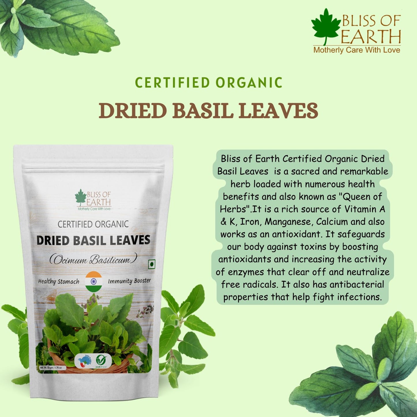 Bliss of Earth Organic Dried Basil Leaves Tulsi leaf Aromatic Culinary Delights Great for Tea, Soup, Salad Health & Immunity 50g