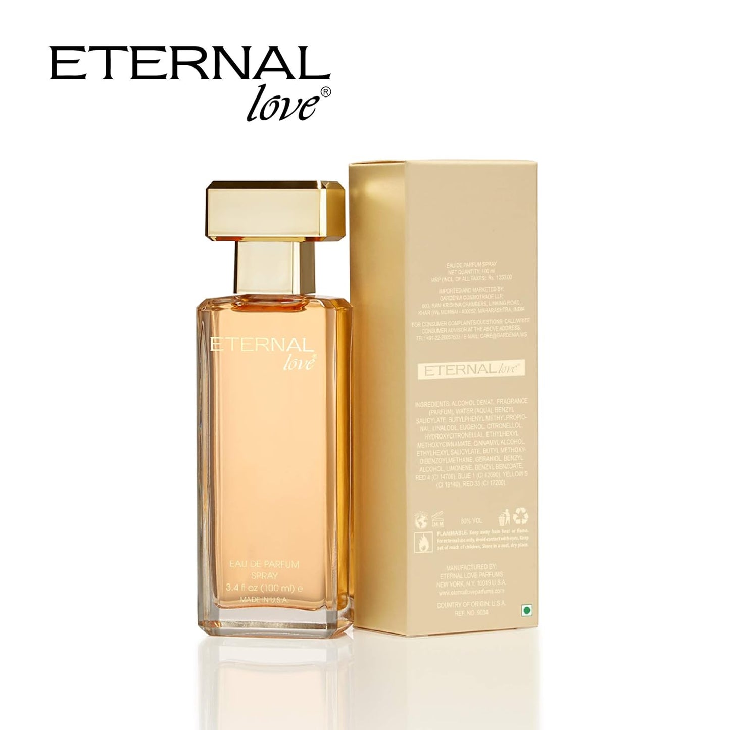 Perfume bottle and packaging of 'Eternal Love' on a white background