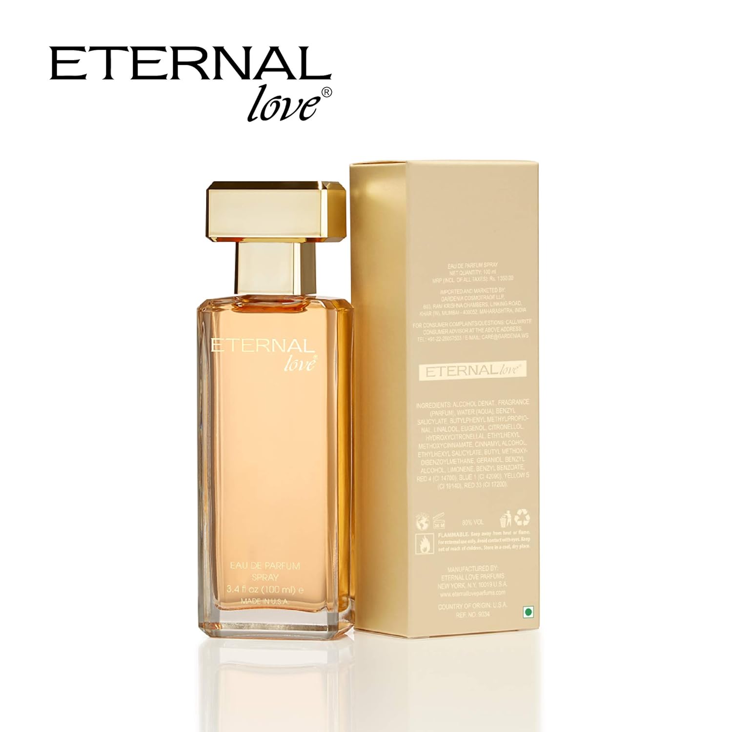 Perfume bottle and packaging of 'Eternal Love' on a white background