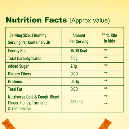 BabyOrgano Cough & Cold Relief Gummies for Kids 2+ Years | Yashtimadhu, 95% Curcumin, Ginger & Honey | Non-Drowsy Ayurvedic | Gelatin Free Gluten Free | Mango Flavour | 30 Gummies