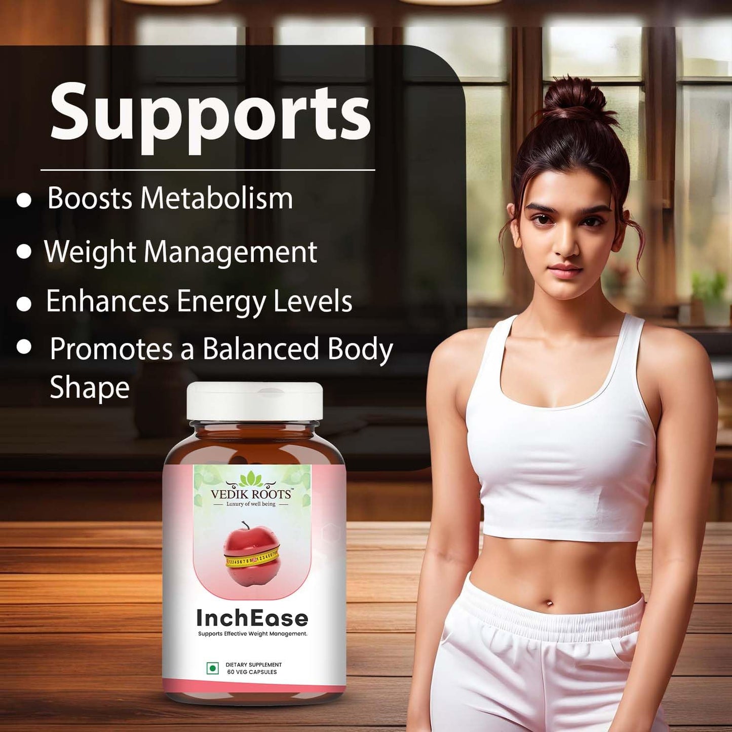 InchEase | Ayurvedic Supplement for Healthy Weight Loss Management |Fat Burners|Weight Management for Women & Men 60 Veg Capsules (Pack of 1)