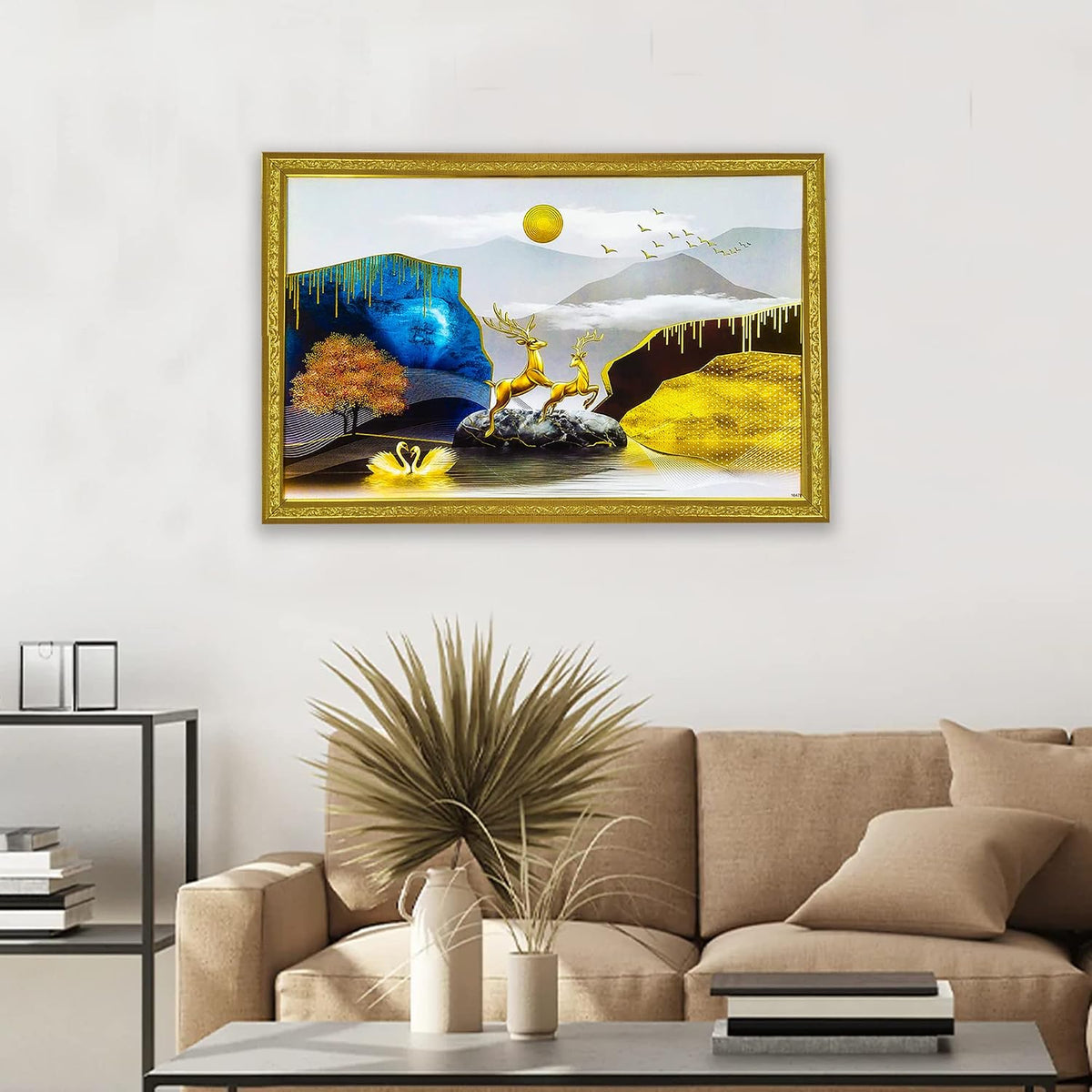 Abstract art Framed Golden Foil 3D Style Landscape Painting | Ready to Hang (14 x 20 inches, Multicolor)