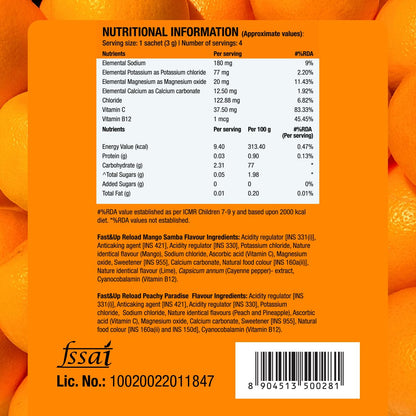 Fast&Up Reload Electrolytes Powder Sachets | Zero Added Sugar Hydration Drink with 5 Essential Electrolytes Vitamin C & B12 | Summer Heat, Workout Recovery, Travel & Wellness | Assorted Pack of 4 Sachets