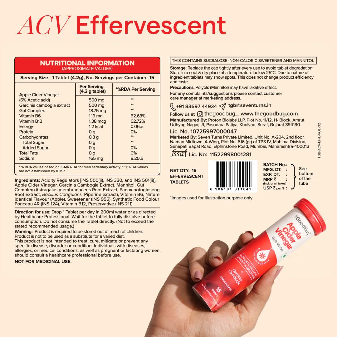 The Good Bug Apple Cider Vinegar Effervescent with Mother - 15 Tablets | Vit B6 & B12 | Boosts Metabolism, Controls Cravings | 500mg ACV, 500mg Garcinia | No Added Sugar, No Maltodextrin