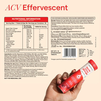 The Good Bug Apple Cider Vinegar Effervescent with Mother - 15 Tablets | Vit B6 & B12 | Boosts Metabolism, Controls Cravings | 500mg ACV, 500mg Garcinia | No Added Sugar, No Maltodextrin