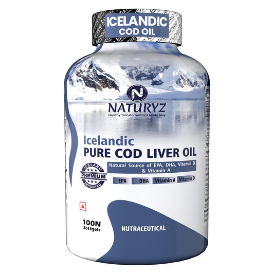 Naturyz Icelandic Pure Cod Liver Oil bottle with mountain and ocean design on a white background
