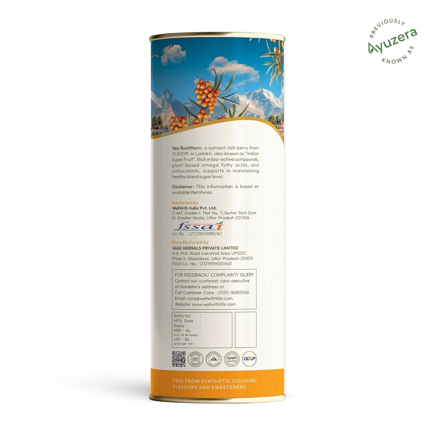 Wellwith by Ayuzera Natural Himalayan Sea Buckthorn Pulp 300ml | Cold Pressed Nutrient Rich Juice | Loaded with Vitamin C, Omega 3 6 7 9 & Antioxidants | For Skin, Immunity & Digestive Health