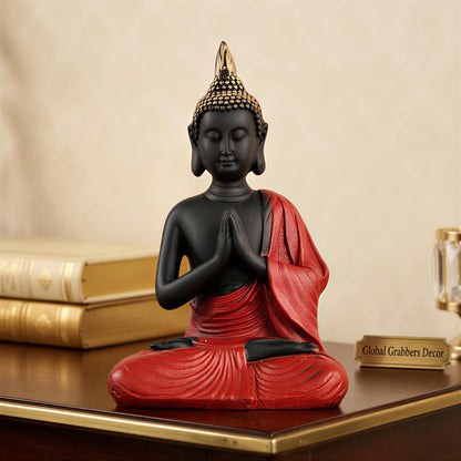 New Namaste Praying Buddha Statue showpiece Idol Home Decor Items for Living Room and Gifts (RED Black)