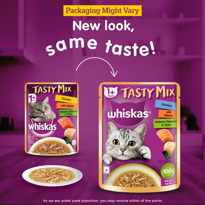 Whiskas Tasty Mix Adult (1+ Year) Wet Cat Food, Chicken with Salmon Wakame Seaweed in Gravy, 70 g, Cat Food Made with Real Fish, Complete & Balanced Nutrition for Adult Cats