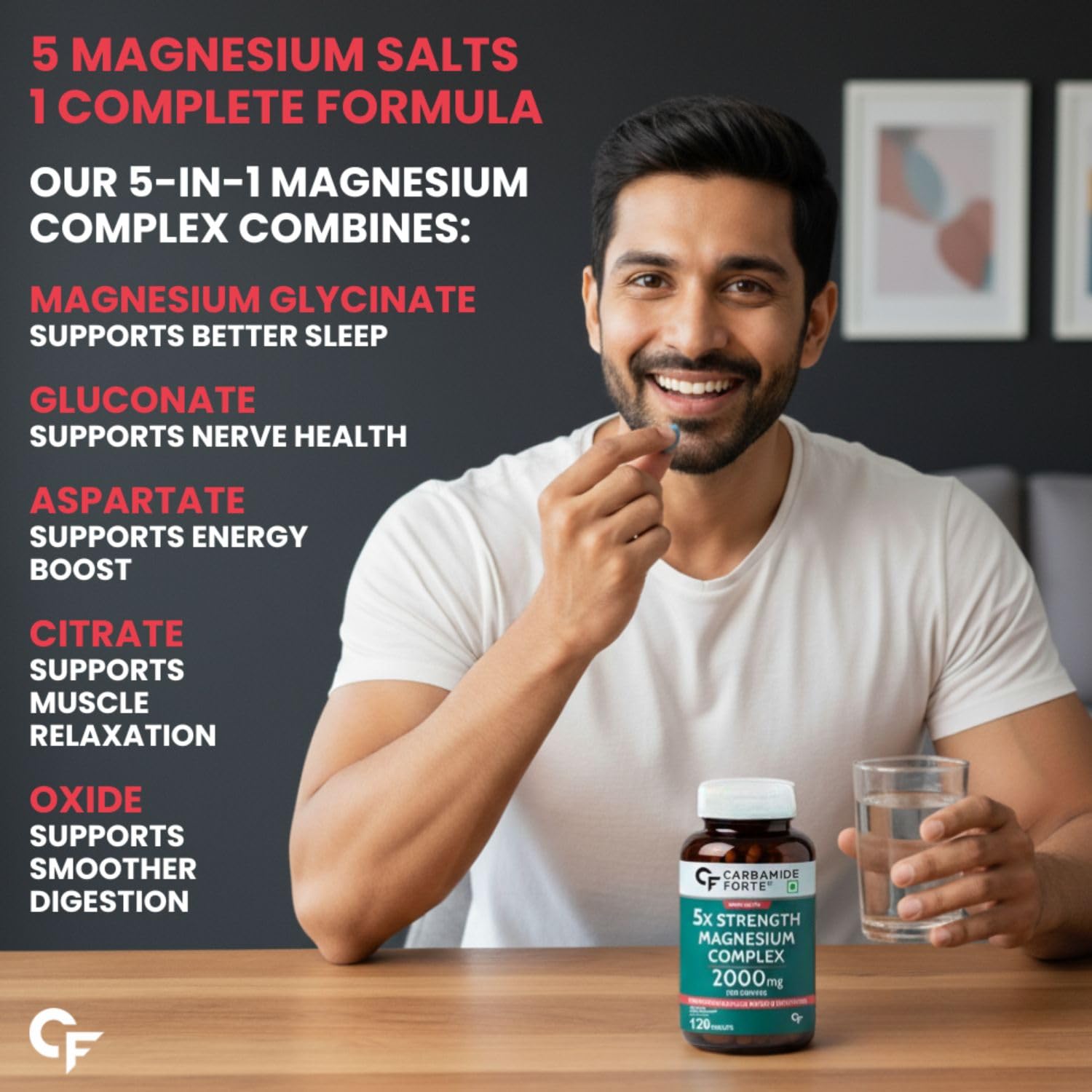 Man holding a glass of water with a bottle of magnesium supplement, text about magnesium salts and benefits.