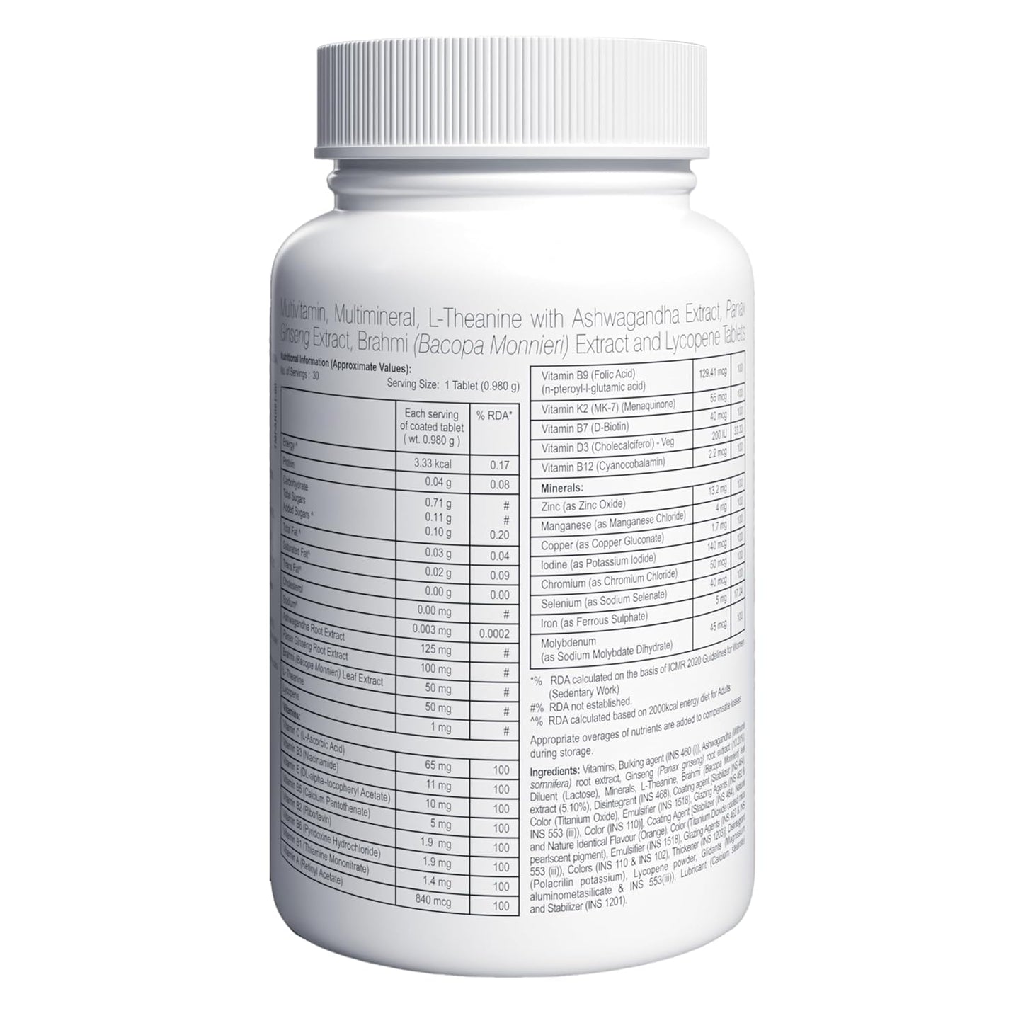 A to Z Daily Multivitamin for Men & Women | 26 Essentials Vitamins & Minerals with Ashwagandha, Brahmi, Ginseng & L-Theanine | Energy, Immunity & Stress Support | 30 Veg Tablets