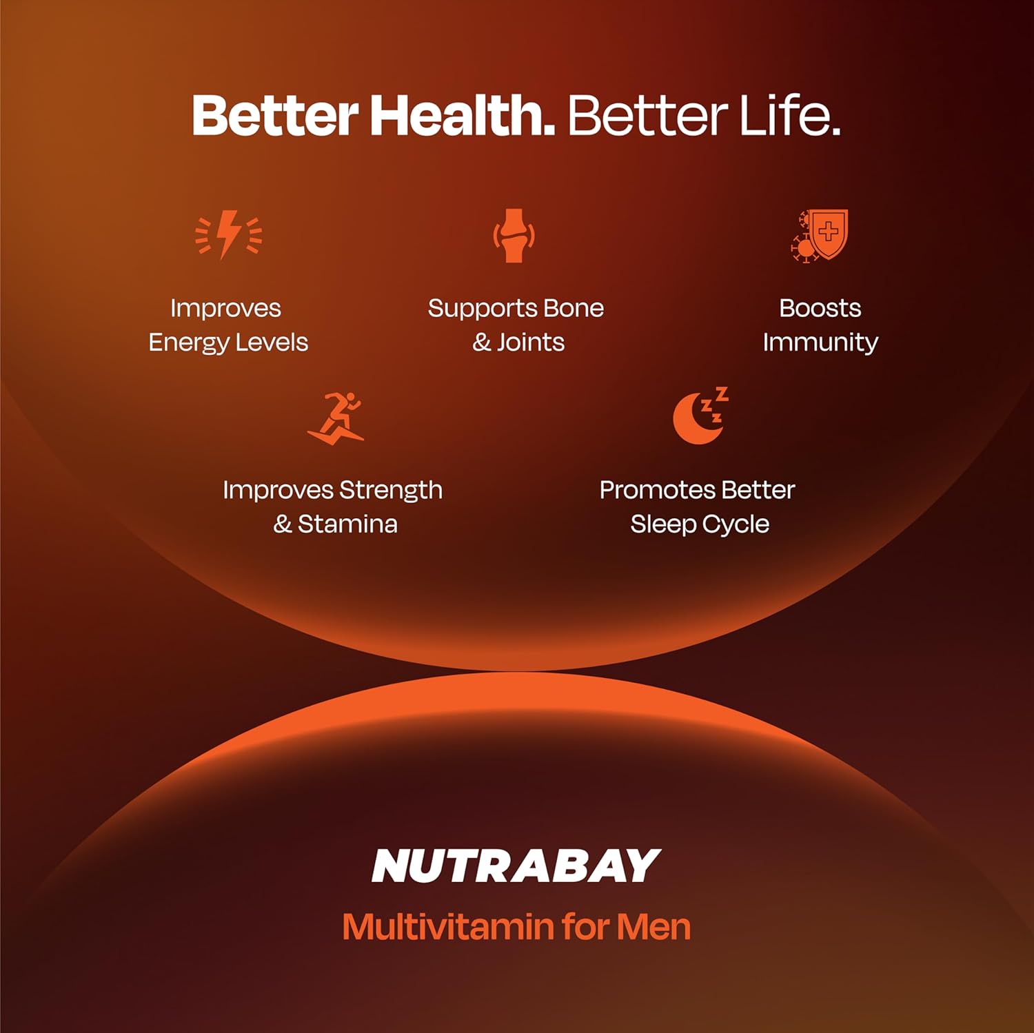 Advertisement for Nutrabay multivitamin for men with benefits listed on a dark orange background.